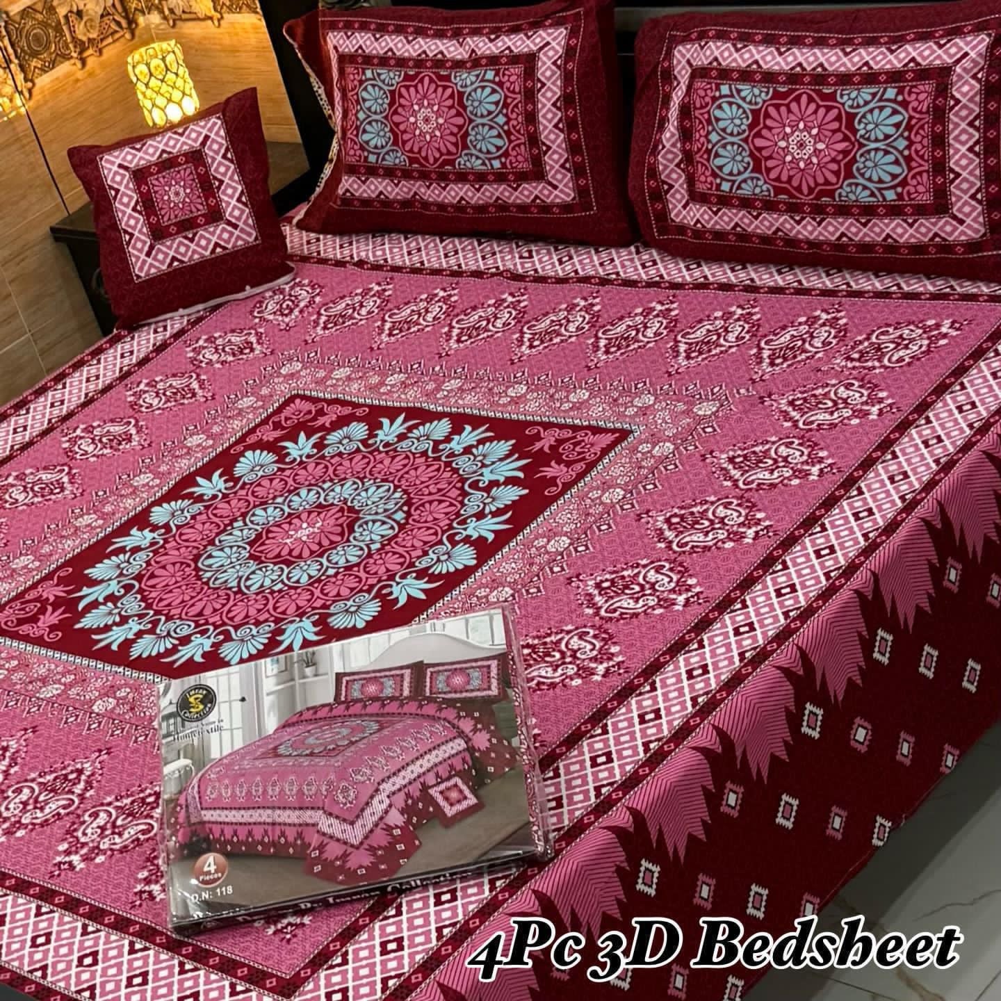 4PC 3D Panel Bedsheet Crystal Cotton