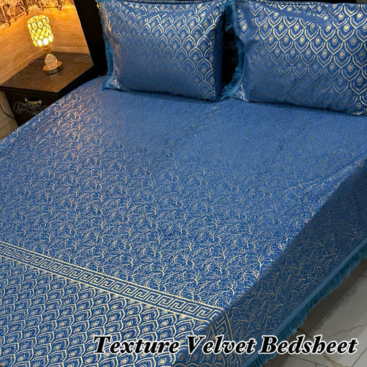 3PC Texture Velvet Bedsheet - blue