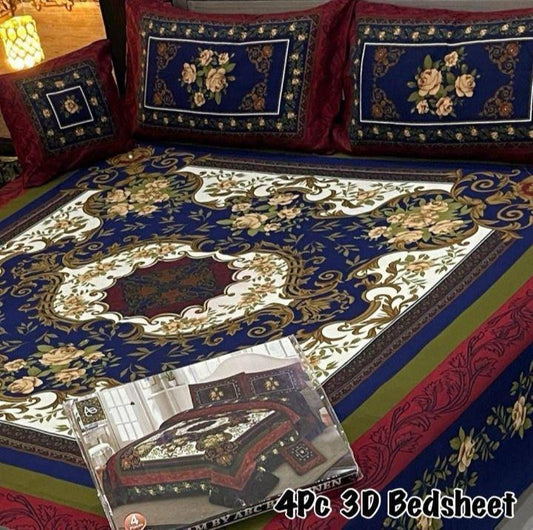 4PC 3D Panel Bedsheet Crystal Cotton