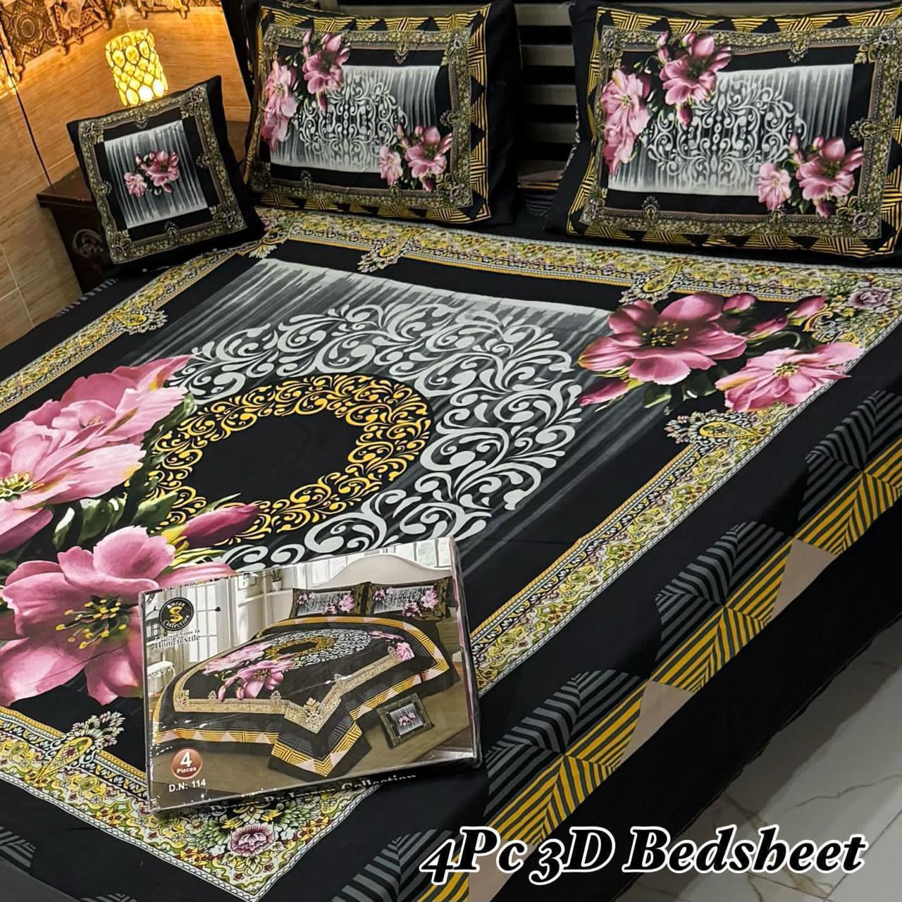 4PC 3D Panel Bedsheet Crystal Cotton