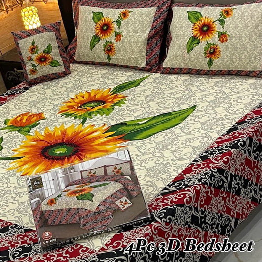 4PC 3D Panel Bedsheet Crystal Cotton