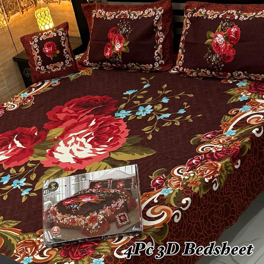 4PC 3D Panel Bedsheet Crystal Cotton