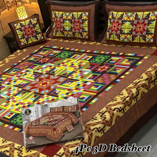 4PC 3D Panel Bedsheet Crystal Cotton