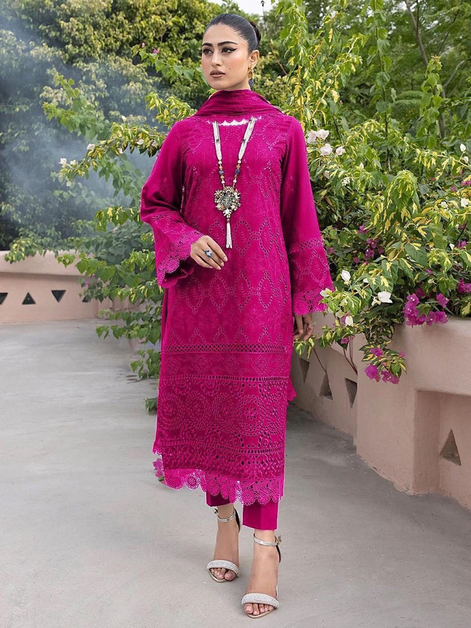 Mahnoor Zink Blue & Pink Lawn Chikankari Dress 3pc Unstitched